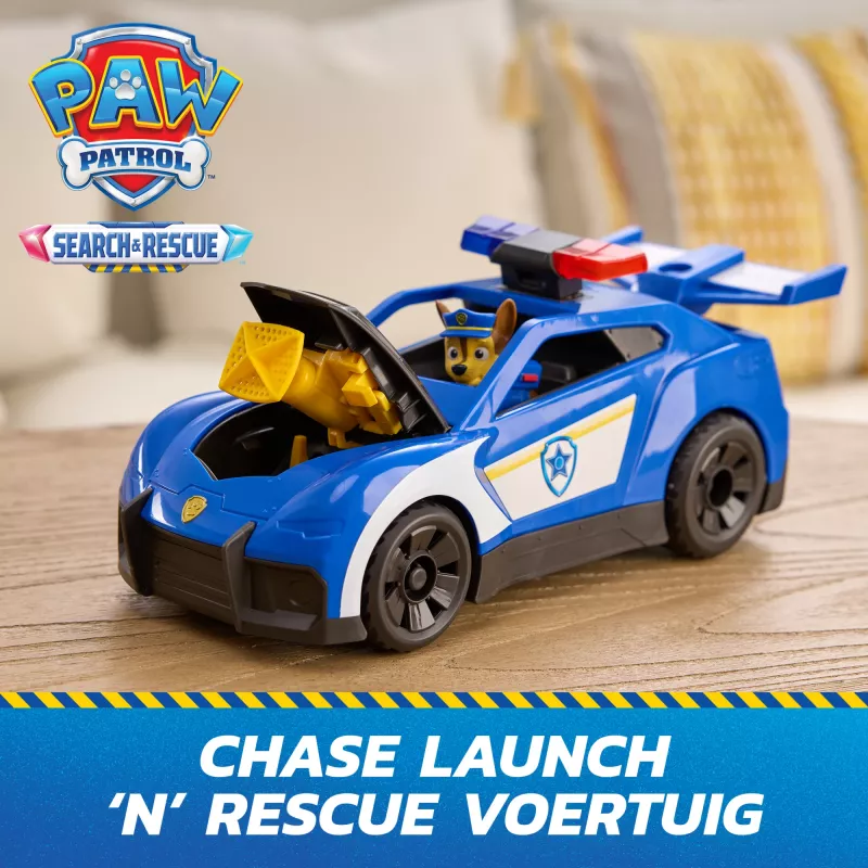 PAW Patrol: Search & Rescue, Chase Launch 'N' Rescue Cruiser con figura y 2 proyectiles, luces, sonidos y lanzador oculto, juguete para niños y niñas a partir de 3 años