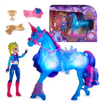Unicorn Academy, Train & Glow Light-up River unicornio con Isabel, idea de regalo de Pascua, muñecas y unicornio de juguete para niñas, incluye 3 accesorios de entrenamiento