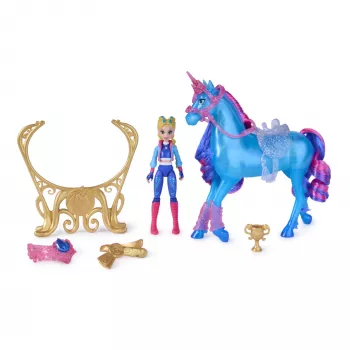 Unicorn Academy, Train & Glow Light-up River unicornio con Isabel, idea de regalo de Pascua, muñecas y unicornio de juguete para niñas, incluye 3 accesorios de entrenamiento