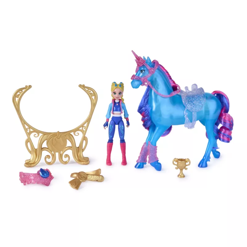 Unicorn Academy, Train & Glow Light-up River unicornio con Isabel, idea de regalo de Pascua, muñecas y unicornio de juguete para niñas, incluye 3 accesorios de entrenamiento