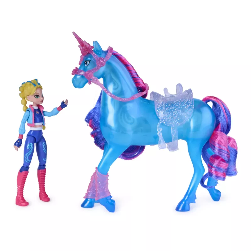 Unicorn Academy, Train & Glow Light-up River unicornio con Isabel, idea de regalo de Pascua, muñecas y unicornio de juguete para niñas, incluye 3 accesorios de entrenamiento