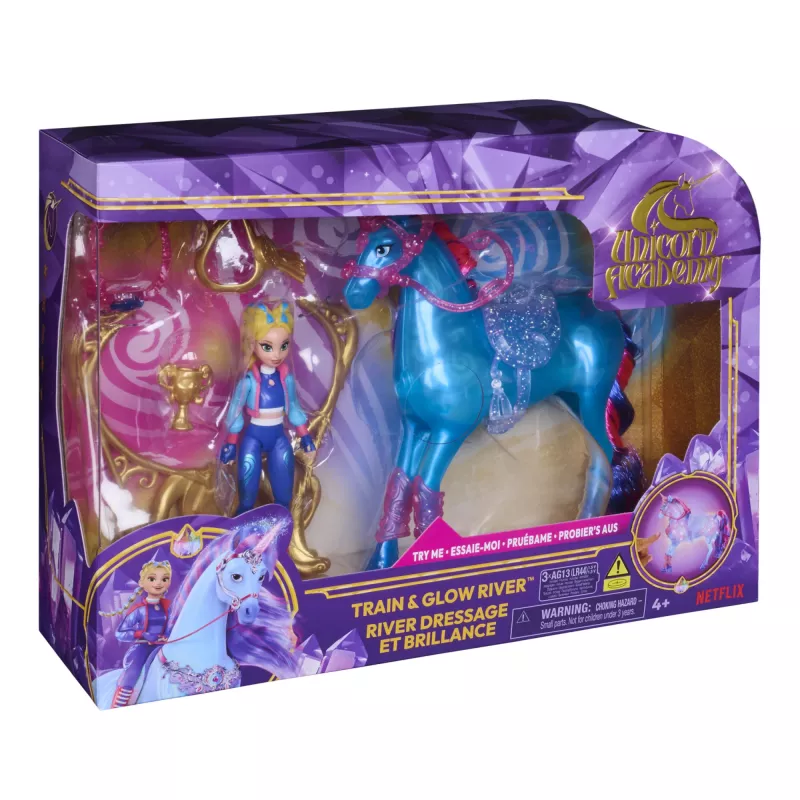 Unicorn Academy, Train & Glow Light-up River unicornio con Isabel, idea de regalo de Pascua, muñecas y unicornio de juguete para niñas, incluye 3 accesorios de entrenamiento