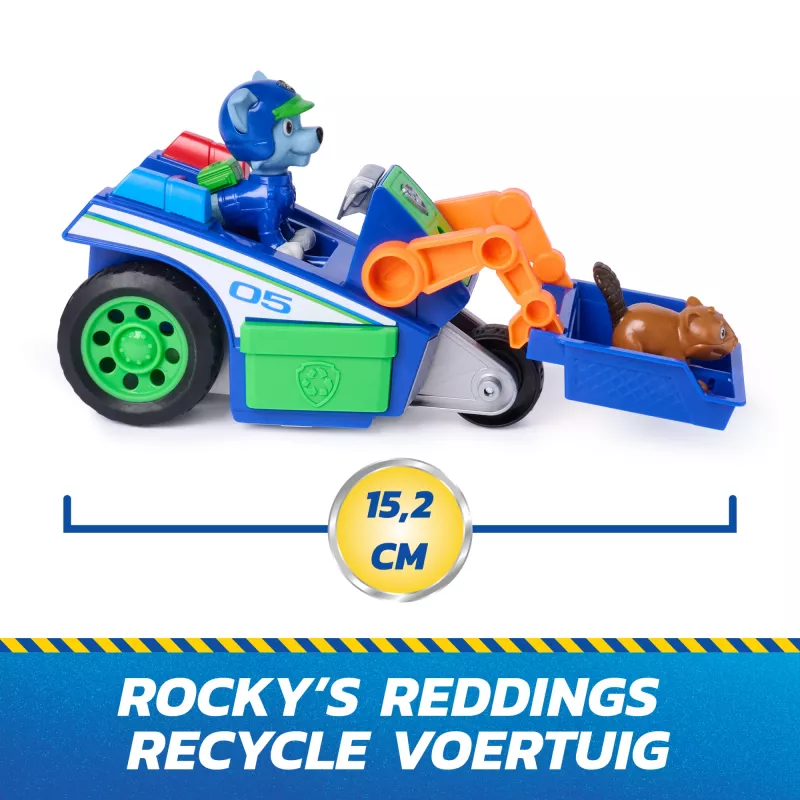 PAW Patrol: Search & Rescue, Rocky Rescue Recycler vehículo con 2 figuras, coche de juguete con acción de retroceso, juguete para niños y niñas a partir de 3 años