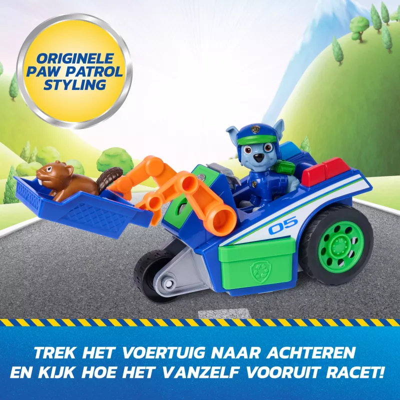 PAW Patrol: Search & Rescue, Rocky Rescue Recycler vehículo con 2 figuras, coche de juguete con acción de retroceso, juguete para niños y niñas a partir de 3 años