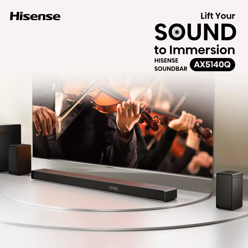 Barra de sonido Hisense AX5140Q 5.1.4 Dolby Atmos, 600 W RMS, subwoofer inalámbrico 280 W, negro