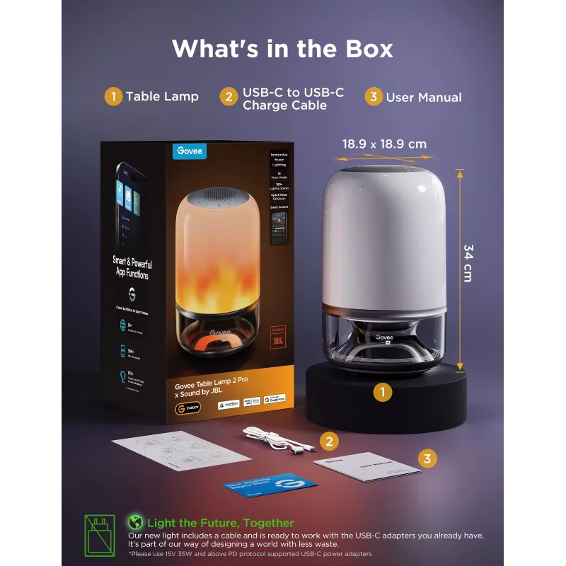 Lámpara de mesa Govee H6020 Table Lamp 2 Pro Sound by JBL — RGBIC + blanco cálido, 600 lm, Wi‑Fi y Bluetooth, 5200 mAh