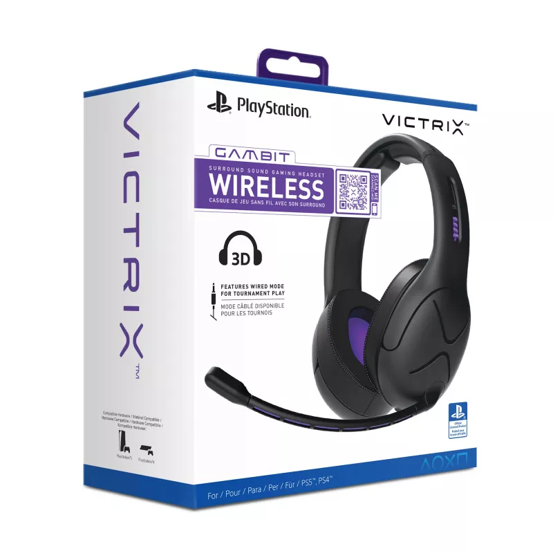 Auricular VICTRIX Gambit Wireless — con cable e inalámbrico, 20–20000 Hz, cable de 2 m, 301 g, negro/morado