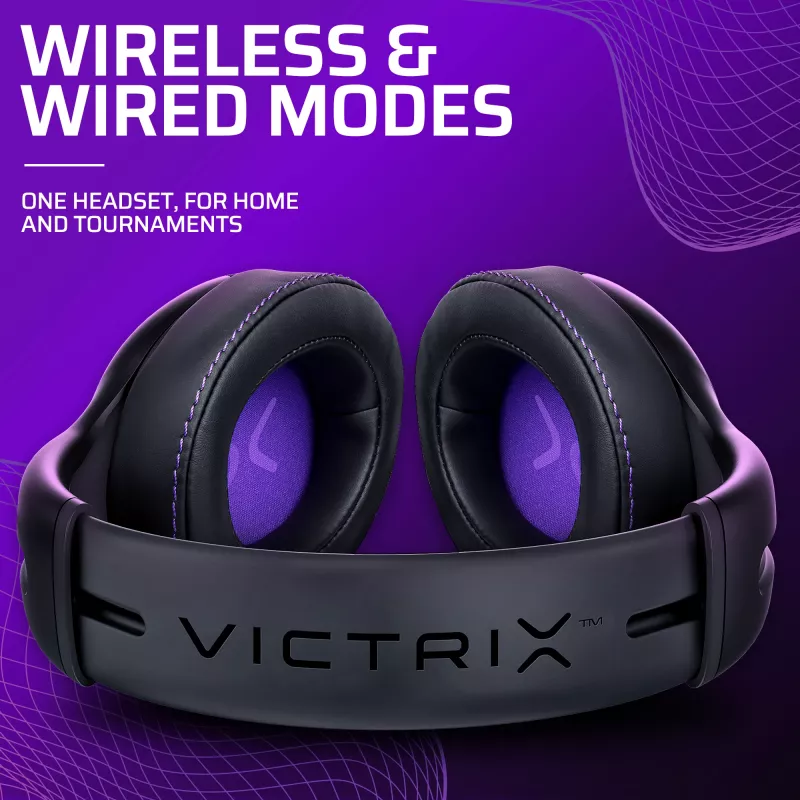 Auricular VICTRIX Gambit Wireless — con cable e inalámbrico, 20–20000 Hz, cable de 2 m, 301 g, negro/morado