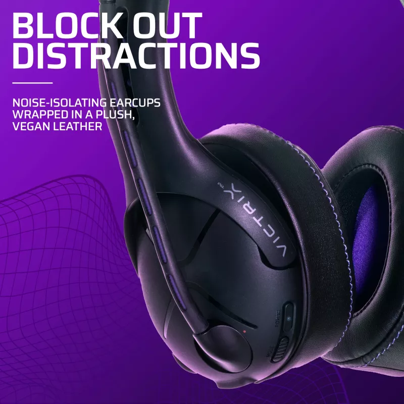 Auricular VICTRIX Gambit Wireless — con cable e inalámbrico, 20–20000 Hz, cable de 2 m, 301 g, negro/morado