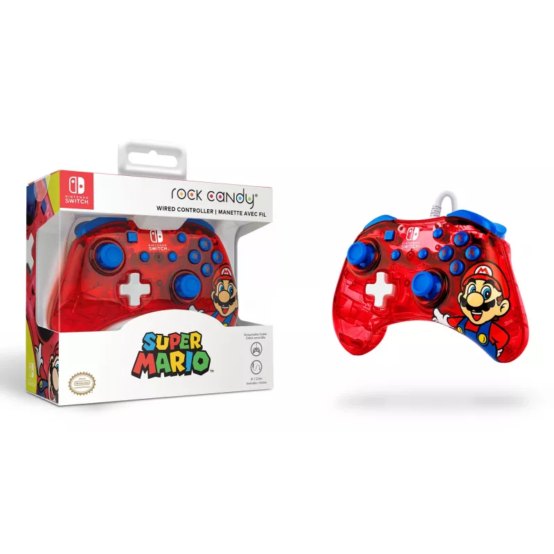 PDP Rock Candy: Mario Punch rojo, mando USB translúcido analógico/digital Nintendo Switch, Nintendo Switch Lite, Nintendo Switch OLED
