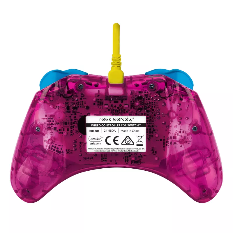 PDP Rock Candy: Bubblegum Peach rosa, mando USB translúcido analógico / digital Nintendo Switch, Nintendo Switch Lite, Nintendo Switch OLED