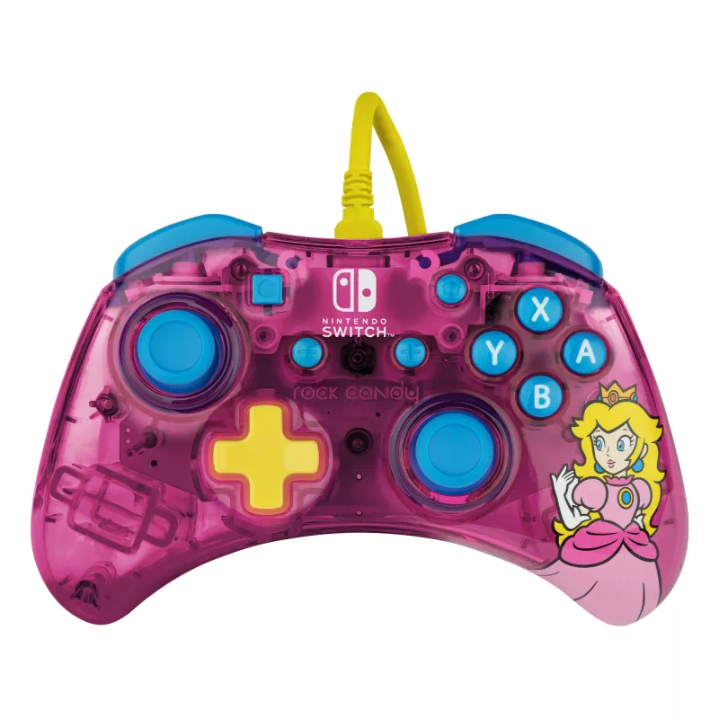 PDP Rock Candy: Bubblegum Peach rosa, mando USB translúcido analógico / digital Nintendo Switch, Nintendo Switch Lite, Nintendo Switch OLED