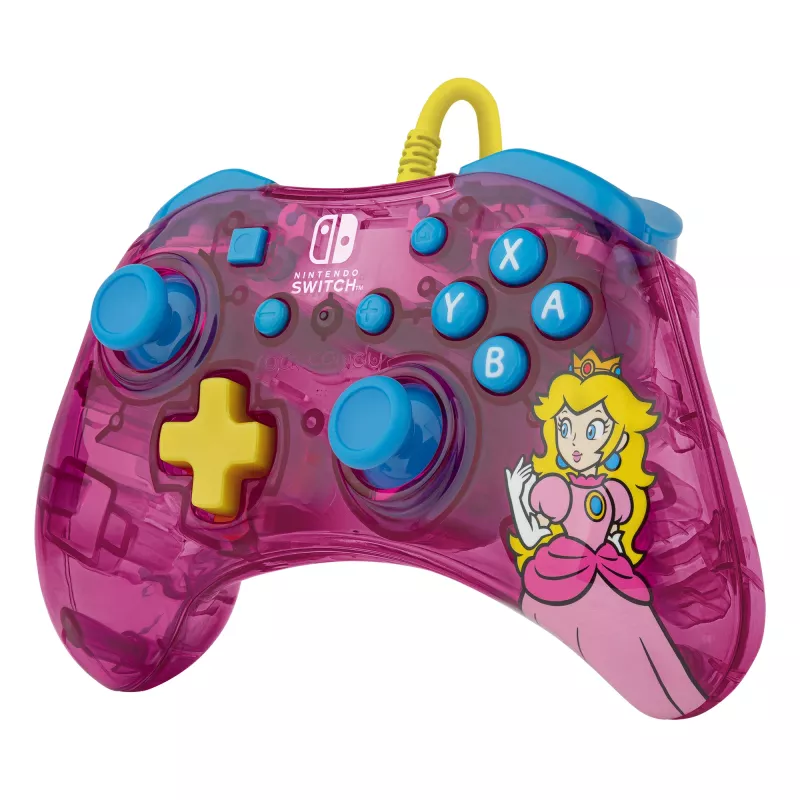 PDP Rock Candy: Bubblegum Peach rosa, mando USB translúcido analógico / digital Nintendo Switch, Nintendo Switch Lite, Nintendo Switch OLED