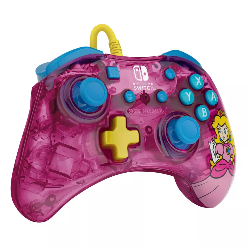 PDP Rock Candy: Bubblegum Peach rosa, mando USB translúcido analógico / digital Nintendo Switch, Nintendo Switch Lite, Nintendo Switch OLED
