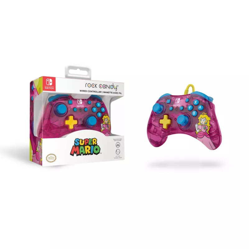 PDP Rock Candy: Bubblegum Peach rosa, mando USB translúcido analógico / digital Nintendo Switch, Nintendo Switch Lite, Nintendo Switch OLED