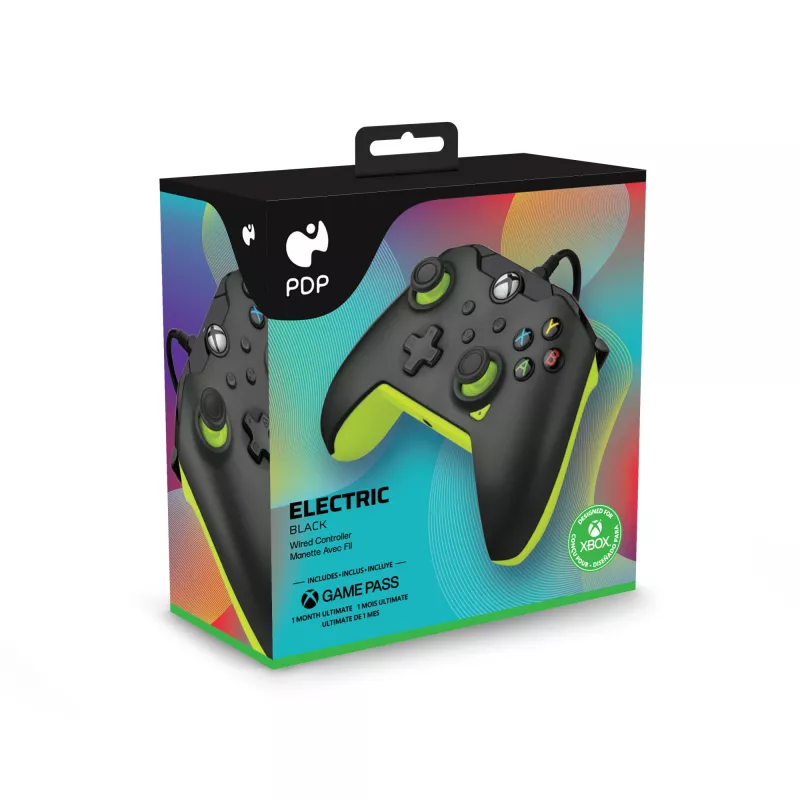 Mando con cable PDP Electric negro para Xbox Series X|S, Xbox One y Windows – USB-C, cable de 2,43 m, D-Pad, botones Menú/Compartir/Vista