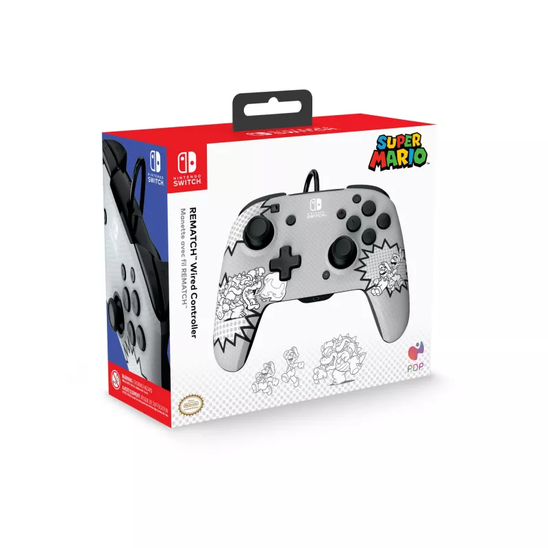 PDP REMATCH: Comic Attack negro, gris, blanco mando USB analógico/digital para Nintendo Switch, Nintendo Switch OLED