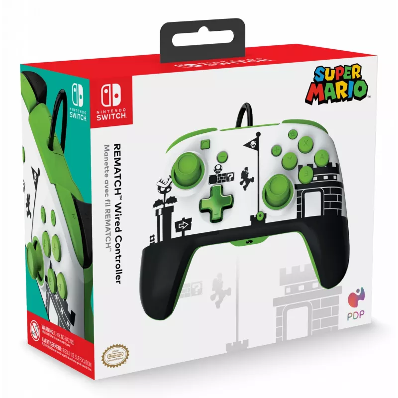 Mando con cable PDP REMATCH: Super Mario Retro, mando para Nintendo Switch, Nintendo Switch OLED, D-pad, botón Home, analógico/digital, con cable, USB