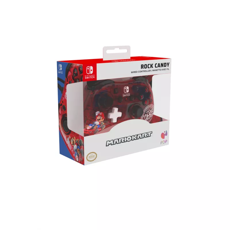 PDP Rock Candy: Mario Punch rojo, mando USB analógico/digital transparente para Nintendo Switch, Nintendo Switch Lite, Nintendo Switch OLED