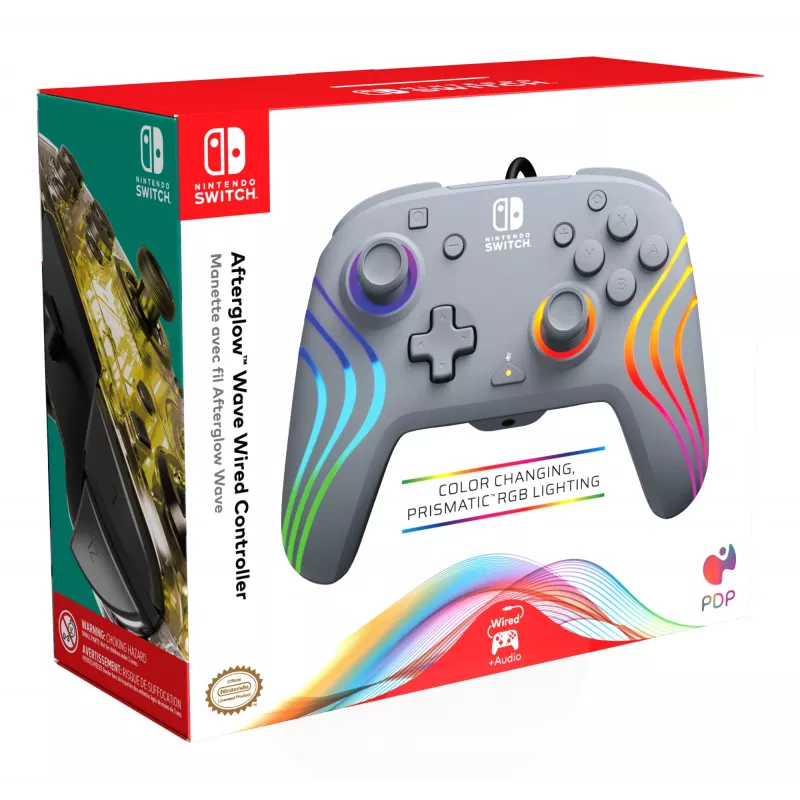 Mando USB analógico/digital PDP Afterglow Wave gris para Nintendo Switch, Nintendo Switch OLED