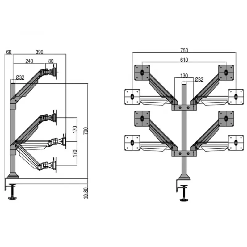 Brazo con elevación por gas Multibrackets M VESA Gas Lift Arm Quad negro 40 kg 15-32