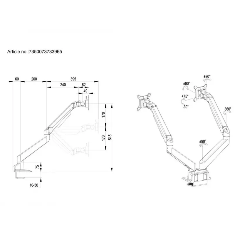 Multibrackets M VESA Gas Lift Arm Dual Side by Side negro pinza 20 kg 15-32 pulgadas
