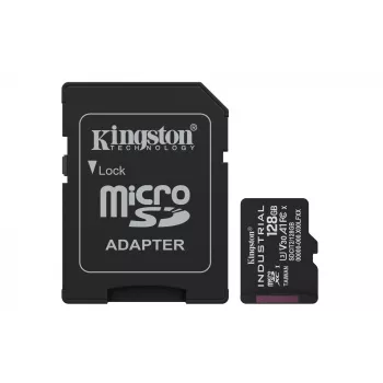 Tarjeta microSDXC Kingston 128 GB Industrial C10 A1 pSLC UHS-I, 100 MB/s lectura, 80 MB/s escritura, V30/U3, negra + adaptador SD