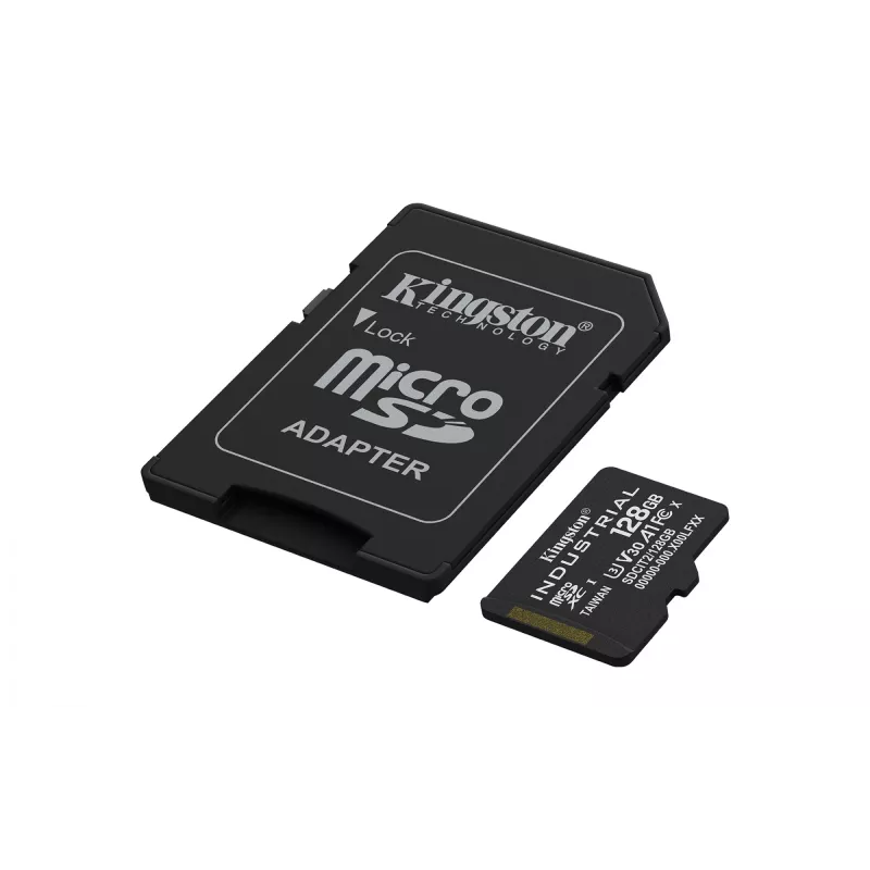 Tarjeta microSDXC Kingston 128 GB Industrial C10 A1 pSLC UHS-I, 100 MB/s lectura, 80 MB/s escritura, V30/U3, negra + adaptador SD