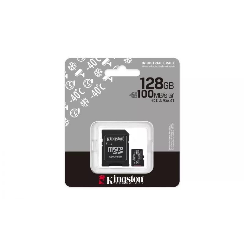 Tarjeta microSDXC Kingston 128 GB Industrial C10 A1 pSLC UHS-I, 100 MB/s lectura, 80 MB/s escritura, V30/U3, negra + adaptador SD