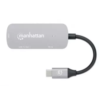 Manhattan Dock/Hub USB-C, puertos (x3): HDMI, USB-A y USB-C, con Power Delivery (PD) 100 W – requiere cargador USB-C externo (no incluido). Alimentado por USB (no requiere fuente de alimentación externa) cuando no se utiliza PD, aluminio