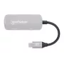 Manhattan Dock/Hub USB-C, puertos (x3): HDMI, USB-A y USB-C, con Power Delivery (PD) 100 W – requiere cargador USB-C externo (no incluido). Alimentado por USB (no requiere fuente de alimentación externa) cuando no se utiliza PD, aluminio