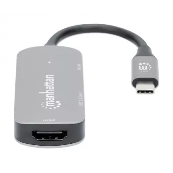 Manhattan Dock/Hub USB-C, puertos (x3): HDMI, USB-A y USB-C, con Power Delivery (PD) 100 W – requiere cargador USB-C externo (no incluido). Alimentado por USB (no requiere fuente de alimentación externa) cuando no se utiliza PD, aluminio