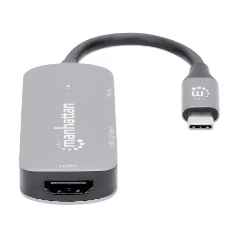 Manhattan Dock/Hub USB-C, puertos (x3): HDMI, USB-A y USB-C, con Power Delivery (PD) 100 W – requiere cargador USB-C externo (no incluido). Alimentado por USB (no requiere fuente de alimentación externa) cuando no se utiliza PD, aluminio