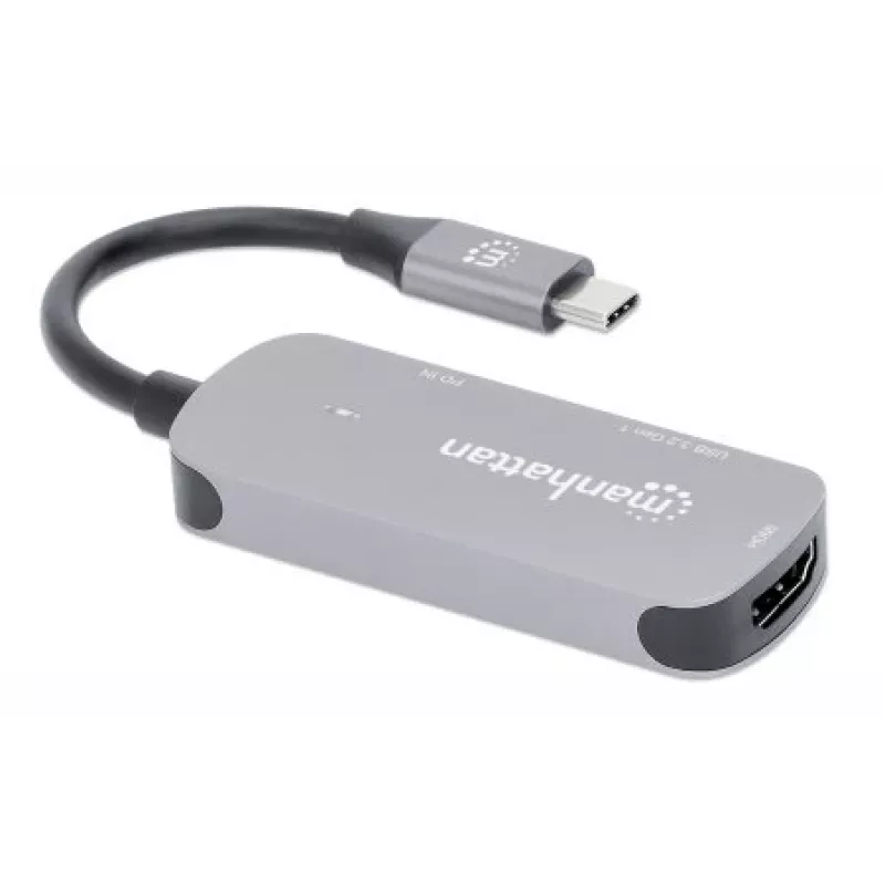 Manhattan Dock/Hub USB-C, puertos (x3): HDMI, USB-A y USB-C, con Power Delivery (PD) 100 W – requiere cargador USB-C externo (no incluido). Alimentado por USB (no requiere fuente de alimentación externa) cuando no se utiliza PD, aluminio