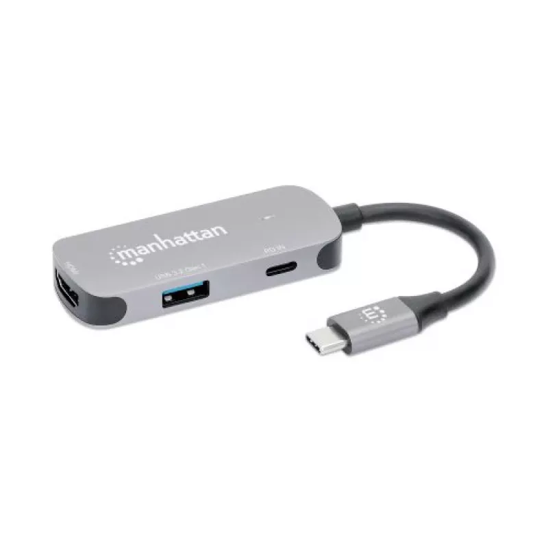Manhattan Dock/Hub USB-C, puertos (x3): HDMI, USB-A y USB-C, con Power Delivery (PD) 100 W – requiere cargador USB-C externo (no incluido). Alimentado por USB (no requiere fuente de alimentación externa) cuando no se utiliza PD, aluminio