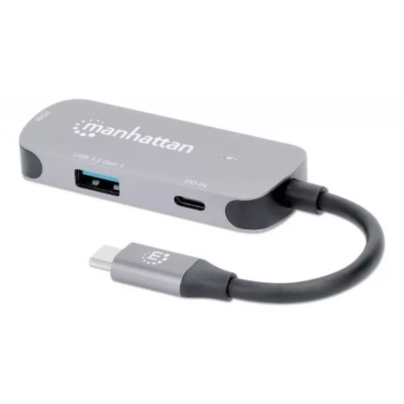 Manhattan Dock/Hub USB-C, puertos (x3): HDMI, USB-A y USB-C, con Power Delivery (PD) 100 W – requiere cargador USB-C externo (no incluido). Alimentado por USB (no requiere fuente de alimentación externa) cuando no se utiliza PD, aluminio