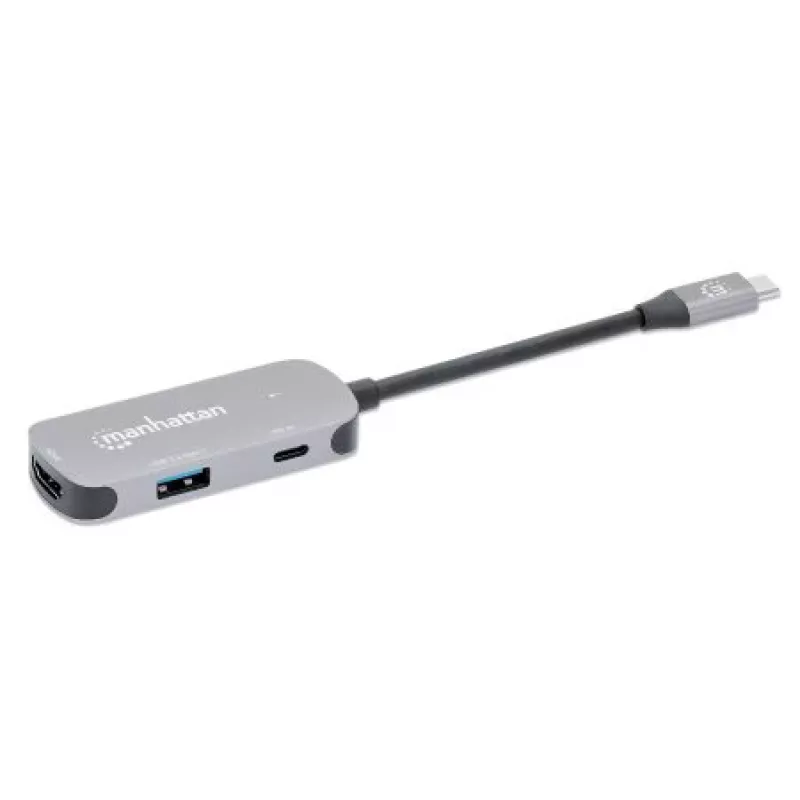 Manhattan Dock/Hub USB-C, puertos (x3): HDMI, USB-A y USB-C, con Power Delivery (PD) 100 W – requiere cargador USB-C externo (no incluido). Alimentado por USB (no requiere fuente de alimentación externa) cuando no se utiliza PD, aluminio