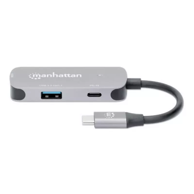 Manhattan Dock/Hub USB-C, puertos (x3): HDMI, USB-A y USB-C, con Power Delivery (PD) 100 W – requiere cargador USB-C externo (no incluido). Alimentado por USB (no requiere fuente de alimentación externa) cuando no se utiliza PD, aluminio