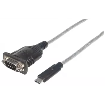 Manhattan Convertidor USB-C a serie, conector macho a conector macho, USB-C a serie/RS232/COM/DB9, chipset Prolific PL-2303RA-C, cable 45 cm, plata/negro, bolsa de plástico