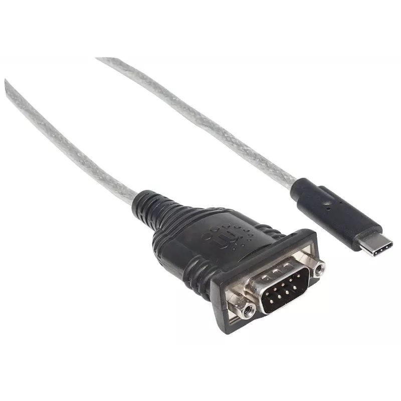 Manhattan Convertidor USB-C a serie, conector macho a conector macho, USB-C a serie/RS232/COM/DB9, chipset Prolific PL-2303RA-C, cable 45 cm, plata/negro, bolsa de plástico