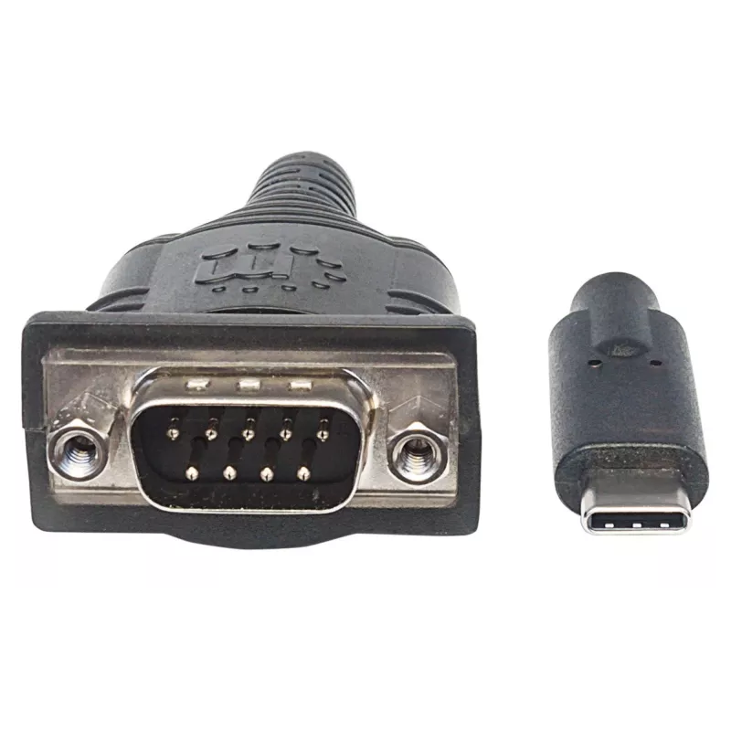 Manhattan Convertidor USB-C a serie, conector macho a conector macho, USB-C a serie/RS232/COM/DB9, chipset Prolific PL-2303RA-C, cable 45 cm, plata/negro, bolsa de plástico