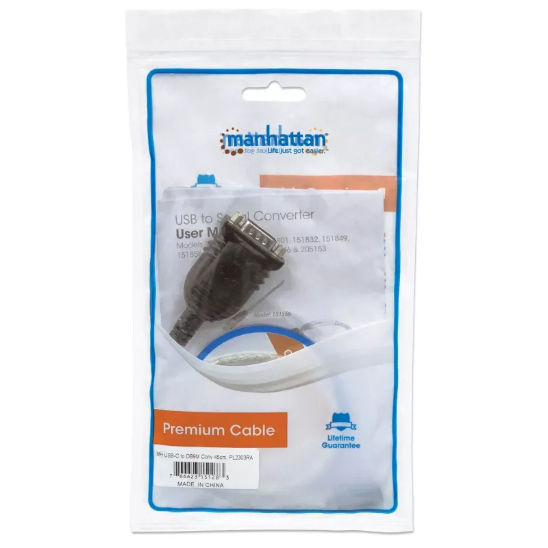 Manhattan Convertidor USB-C a serie, conector macho a conector macho, USB-C a serie/RS232/COM/DB9, chipset Prolific PL-2303RA-C, cable 45 cm, plata/negro, bolsa de plástico