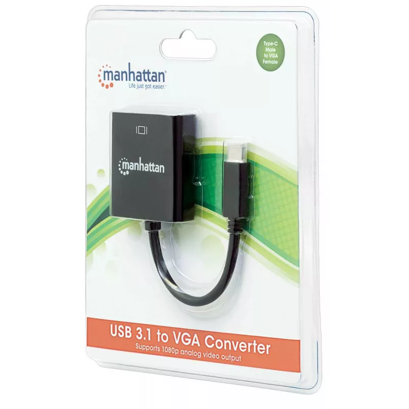 Manhattan Cable convertidor USB-C a VGA, 1080p@60Hz, negro, 8 cm, conector macho a conector hembra, garantía de por vida, equivalente a CDP2HD