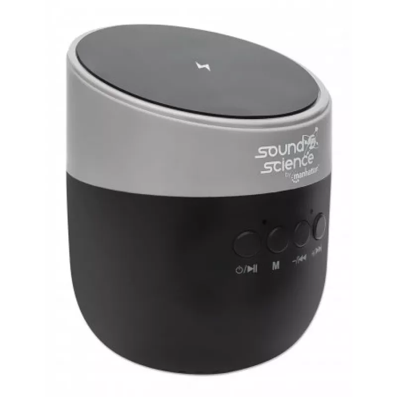 Manhattan Altavoz Bluetooth metálico con base de carga inalámbrica, salida de sonido nítida (3 W), 3 horas de reproducción, base de carga inalámbrica 5 W, controles integrados, alcance 10 m, lector de tarjetas microSD, cable de carga USB-A incluido, Bluetooth 5.0, 3 años de garantía