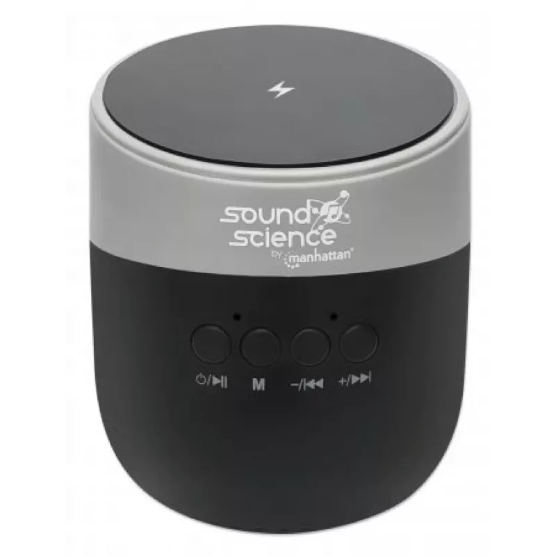 Manhattan Altavoz Bluetooth metálico con base de carga inalámbrica, salida de sonido nítida (3 W), 3 horas de reproducción, base de carga inalámbrica 5 W, controles integrados, alcance 10 m, lector de tarjetas microSD, cable de carga USB-A incluido, Bluetooth 5.0, 3 años de garantía