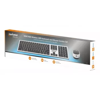Manhattan Receptor nano USB-A individual para teclado inalámbrico de tamaño completo y ratón óptico ambidiestro de tres botones con rueda de desplazamiento, 1200 dpi, plata/negro