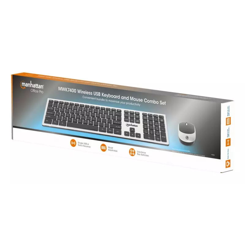 Manhattan Receptor nano USB-A individual para teclado inalámbrico de tamaño completo y ratón óptico ambidiestro de tres botones con rueda de desplazamiento, 1200 dpi, plata/negro