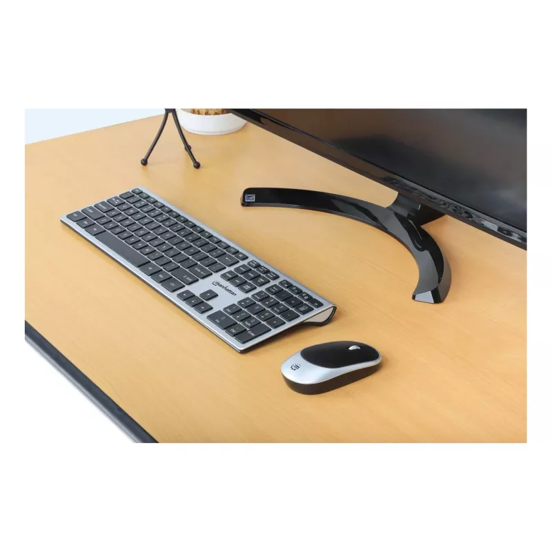 Manhattan Receptor nano USB-A individual para teclado inalámbrico de tamaño completo y ratón óptico ambidiestro de tres botones con rueda de desplazamiento, 1200 dpi, plata/negro
