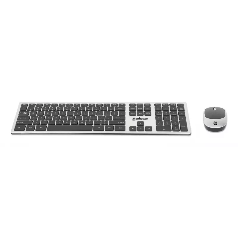 Manhattan Receptor nano USB-A individual para teclado inalámbrico de tamaño completo y ratón óptico ambidiestro de tres botones con rueda de desplazamiento, 1200 dpi, plata/negro