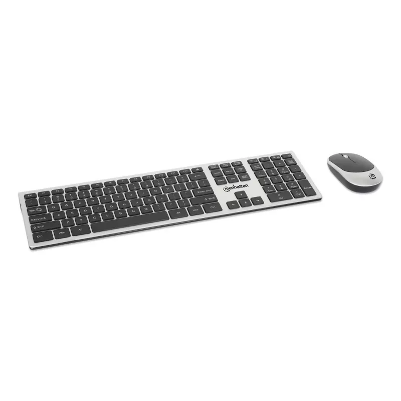 Manhattan Receptor nano USB-A individual para teclado inalámbrico de tamaño completo y ratón óptico ambidiestro de tres botones con rueda de desplazamiento, 1200 dpi, plata/negro